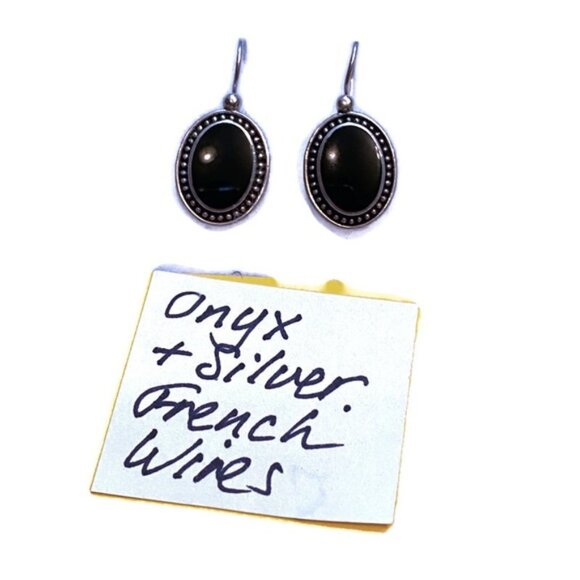 PRECIV EARRINGS STERLING SILVER 925 BLACK ONYX OVALS WIRES DROP - Picture 2 of 6